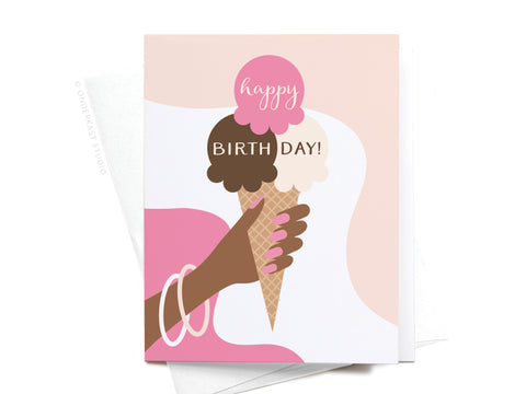The Happy Birthday! Ice Cream Cone Greeting Card by Onderkast Studio features a dark design with a hand holding an ice cream cone topped with “happy BIRTH DAY!” text and abstract pink and beige shapes in the background. Premium quality.