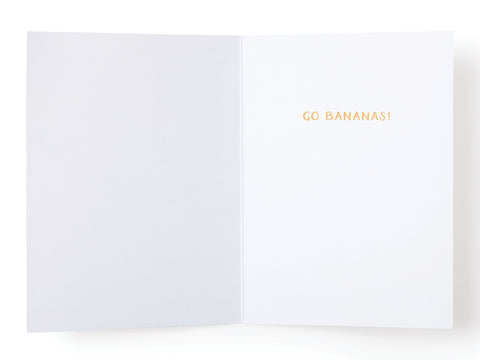 The Happy Birthday! Banana Suit Girl Greeting Card by Onderkast Studio features a blank left side and GO BANANAS! in gold on the right—perfect for a fun birthday message.